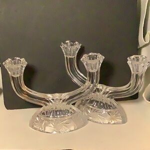 Vintage set of double holders candle crystal pinwheel clear glass